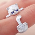 Söt Silver Katt Ring med Blå Rhinestones som Ögon - Justerbar