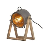BarcelonaLED Lampe de table vintage design industriel gris avec projecteur orientable abat-jour cage métallique culot E27 et base en bois pour bureau, salon, chambre à coucher table de nuit