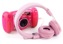 DURAGADGET Casque Rose Enfant Compatible avec Appareil Photo VTech 507155 Kidizoom Duo 5.0 et Duo DX – Repliable + Microphone intégré