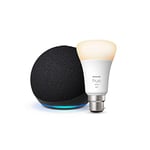 Echo Dot (5th generation, 2022 release), Charcoal + Philips Hue White Smart Light Bulb LED (B22), Works with Alexa - Smart Home Starter Kit