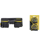 STANLEY 600 Denier Tool Belt Pouch with Multi-Pockets Storage Organiser, Tape Pocket, Hammer Loop, 1-96-178 & STA998985 Pocket Tapes, 5m/16ft & 8m/26ft