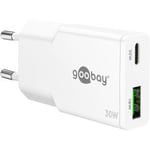 Goobay USB-C/USB GaN Dual Laddare slim, 30W, PD/QC, Vit