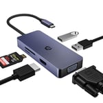 Adaptateur USB C HUB, HUB USB, Hub USB C 6 en 1 avec HDMI, VGA, USB A, USB 2.0, Lecteur de Carte SD/TF Compatible avec Les systèmes Mac, Windows et iOS et Plus Encore