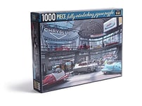 Fallout 1000-Piece Jigsaw Puzzle - A Busy Day - depicting the Chryslus showroom at its peak, full of cars