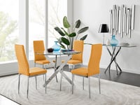 Novara Clear Tempered Glass 100cm Round Dining Table with Chrome Starburst Legs & 4 Milan Faux Leather Chairs