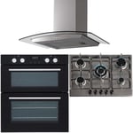 SIA 60cm Black Built Under Double Oven, 70cm 5 Burner Gas Hob & Curved Hood Fan