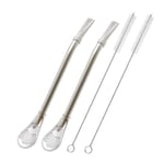 Stainless Steel Drinking Straws with Filter Spoon, 2 Pack Tea Straws, Mate Bombilla, Coffee Stirrer Stick for Iced Tea, Cocktail, with 2 Cleaning Brush (Silver)