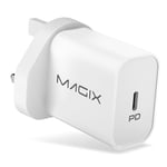 Magix Chargeur 20W PD Power Delivery 3.0, AC 100-240V à DC 5V 9V 12V (pour iPhone 15/15 Plus/15 Pro, 14/13/12-Mini/Pro/Pro Max/SE, AirPods Pro, iPad Pro, Galaxy)(Blanc)(Prise UK)