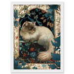 Perched Himalayan Persian Cat Modern Art Nouveau Illustration Artwork Framed Wall Art Print A4