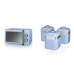 Swan Retro Manual Microwave, 25 Litre, 900W, LED, Blue, SM22070LBLN & SWKA1020BLN Retro Kitchen Storage Canisters, Iron, Blue, Set of 3