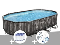 Kit piscine tubulaire ovale Bestway Power Steel décor bois 6,10 x 3,66 x 1,22 m + 6 cartouches de filtration + Kit d'entretien Deluxe