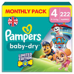 Pampers Baby-Dry Paw Patrol Edition Size 4, 222 Nappies, 9kg-14kg, Monthly Pack
