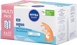 NIVEA Baby Aqua Lot de 4 packs de 57 lingettes humides pour bébé pour nettoyer en douceur les peaux sensibles, hypoallergéniques et sans parfum avec 99% d'eau