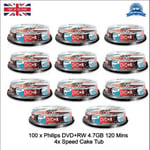 100 Philips DVD+RW 4.7GB Disc 120Min 4x Speed Spindle Tub Rewritable Blank Discs