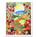 Apple Tree Orchard Fields In Summer Folk Art Landscape Watercolour Painting Art Print Framed Poster Wall Decor 12x16 inch