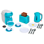 Klein Theo 9598 Bosch Breakfast Set I Blue kitchen accessory set incl. toaster, coffee machine and kettle I With crockery, cutlery and dummy fried egg I Toys for children aged 3 and over