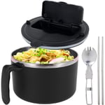 1200ml Snabb Ramen Skål med Filterbart Lock, Rostfritt Stål Nudelskål med Sked Spispinnar BPA Fri Ramen Kokare Skål med Handtag black