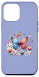 Coque pour iPhone 13 Pro Max Illustration inspirée de la nature avec papillon coloré et floral bleu