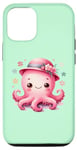 Coque pour iPhone 14 Pro Fond vert avec pieuvre mignonne avec chapeau et fleurs