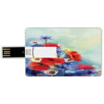 16G USB Flash Drives Credit Card Shape Watercolor Flower Memory Stick Bank Card Style Close Up Structured Bouquet with Flower Types Poppy Peace Design,Red Blue Waterproof Pen Thumb Lovely Jump Drive U