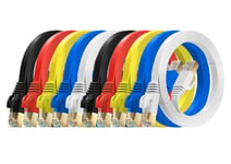 MutecPower 3m 10 Pack ULTRA FLAT Cat 7 Ethernet Network Cable with RJ45 plugs - SSTP - 600MHz - 3 meter Red/Yellow/Blue/Black/White cables with Cable ties & clips