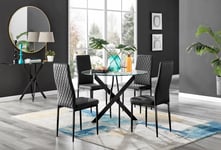 Novara 4 Seater Black Leg Round Glass Dining Table & 4 Milan Faux Leather Black Leg Chairs