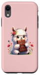 Coque pour iPhone XR Rose Mignon Lama Mangeant Barre de Chocolat Entourée de Fleurs