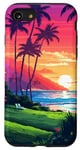 Coque pour iPhone SE (2020) / 7 / 8 Pixel Art rétro avec vue sur la maison de plage d'Hawaï et coucher de soleil