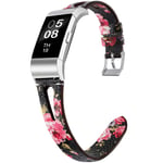 OenFoto Strap Compatible Fitbit Charge 2, Adjustable Soft Leather Replacement Band Wristband with Stainless Steel Buckle for Fitbit Charge 2 Smartwatch, Women Men, Black/Pink Floral Large
