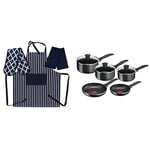 Tefal Origins 5 Piece Stone Pots and Pans set with Penguin Home Apron, Double Oven Glove and 2 Kitchen Tea Towels Set - NAVY/White