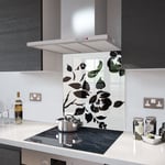 White Floral - Black Flower Glass Splashback - 60cm Wide x 75cm High