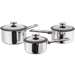Stellar Stay Cool SLA1 Set of 3 Stainless Steel Draining Pans, 16cm, 18cm & 20cm Pans with Glass Strainer Lids, Engineered Stay-Cool Handles, Oven Safe, Induction Ready, Dishwasher Safe