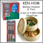 Ken Hom Excellence 20cm Bamboo Steamer & Set of 4 Chopsticks