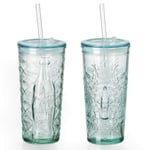 MamboCat Set of 2 Coca Cola to-Go Cups Leak 530 ml Recycled Glass Relief Coat of Arms + Diamond 2 x Drinking Glass with Lid and Straw I Smoothie Glass to Carry with Motif I Reusable to-Go Cup