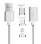 Magnetisk USB-kabel 3 i 1 - USB-C, Micro, Lightning (Sølv)