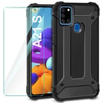 AROYI for Samsung Galaxy A21S Case + Tempered film, Hard Rugged Armour Cover [Dual Layer] Heavy Duty Back Shockproof Impact Resistant Protective Case for Samsung Galaxy A21S (Black)