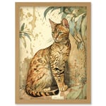 Marble Coat Bengal Cat Perched on Street Wall Watercolour Illustration Artwork Framed Wall Art Print A4