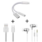 Pack pour Smartphone (Adaptateur Type C/Jack + Cable Chargeur Metal Type C + Ecouteurs Metal) (ARGENT) - Neuf