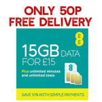EE £15 SIM CARD NEW ONLY 50P STANDARD MICRO NANO GET UNLIMITED CALL MINUTES TEXT