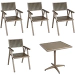 Set de 4 chaises de jardin + table de jardin HHG 861, chaise table, revêtement Gastro Outdoor, alu aspect bois champagne, gris - grey