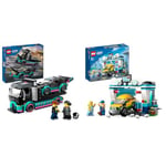 LEGO City Race Car and Car Carrier Truck Toy, Vehicle and Transporter Building Set & City Carwash with Toy Car for 6+ Years Old Kids, Boys, Girls, Set with Spinnable Washer Brushes