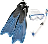 Cressi Palau Fins, Blue, UK (5-7.5) with Cressi Onda Snorkeling Mask, Blue and Ultra Dry Diving Snorkel, Clear/Azure