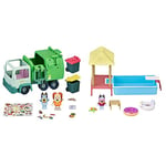 Bluey Garbage Truck Vehicle Playset with Two 2.5"-3" Official Collectable Character Action Figure & Pool Time Fun Playset figure in Swim Suit, Pool with Diving Board and Deck and 4 Pool