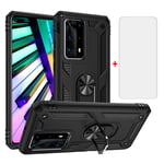 Phone Case for Huawei P40 Pro with Tempered Glass Screen Protector Cover Stand Ring Rugged Silicone Holder Hard Shockproof Heavy Duty Accessories Magnetic Metal huawei Hawaii Hwauei Haweii Men Black