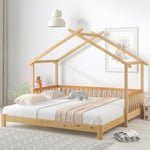 Lit cabane, lit d'enfant, canapé-lit, lit double simple, pur bois massif, naturel (200x90cm)