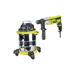 Pack RYOBI Aspirateur eau et poussière - 1250W - 20L - RVC-1220I-G - Perforateur Burineur SDSPLUS - 1050W - RSDS1050-K