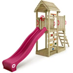 Aire de jeux Portique bois JoyFlyer avec toboggan Maison enfant exterieur avec bac à sable, échelle d'escalade & accessoires de jeux - violet