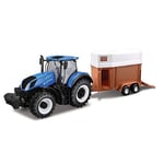 Bburago-1/32 Collection Ferme-Tracteur T7.315 New Holland avec remorque Cheval Voiture, 44069, Bleu