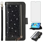 Asuwish Compatible with Huawei P30 Wallet Case and Tempered Glass Screen Protector Glitter Leather Flip Cover Zipper Card Holder Stand Cell Accessories Phone Cases for Hawaii P 30 ELE-L29 Women Black