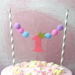 One Year Pompon Cake Toppers First Birthday Flag Baby Show Pink